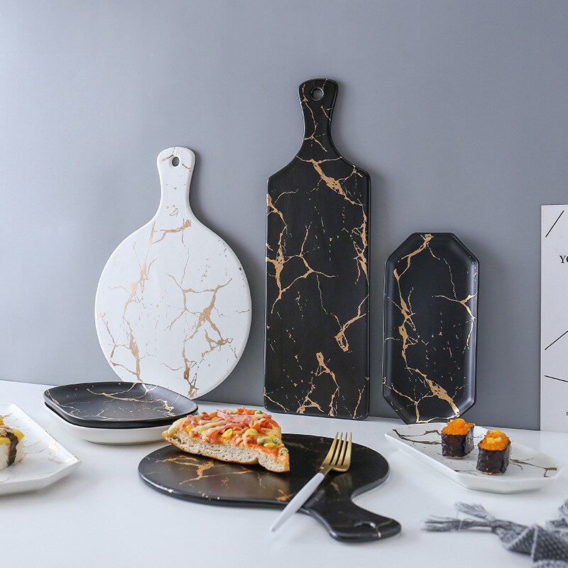 Marmer Matte Goud Zwart En Witte Keramische Servies Plaat Koude Schotel Plaat Westerse Steak Plaat Fruitschaal Sushi Platepizza Plaat