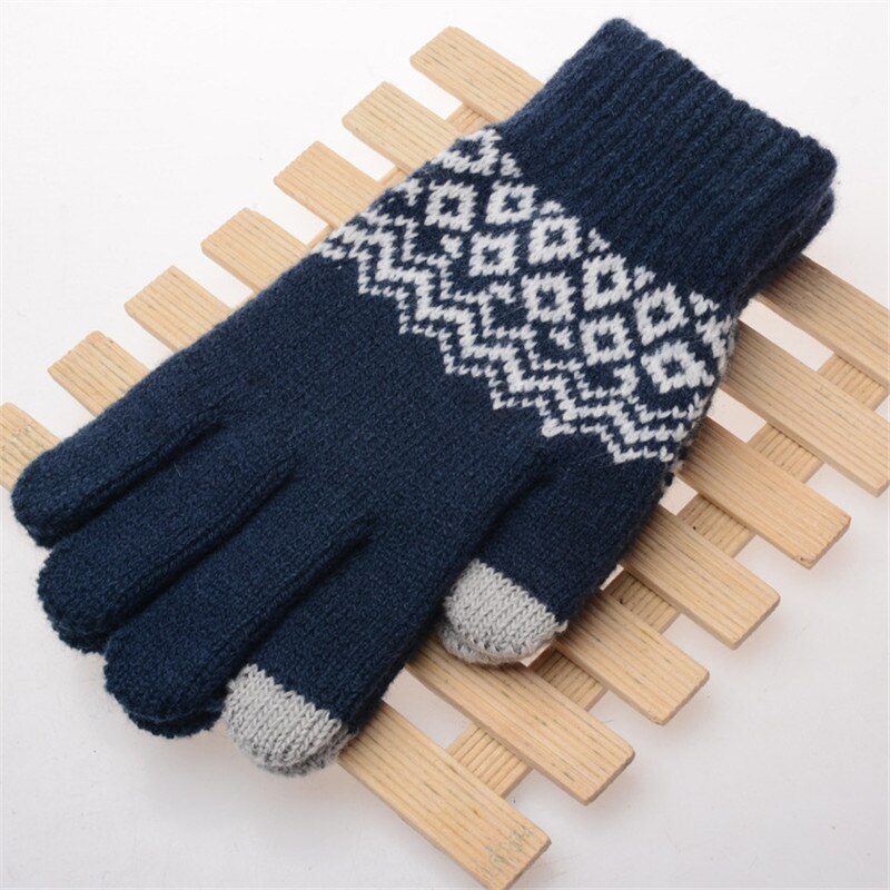 Vinter varme berøringsskærm handsker udstyret uldne vanter mænd kvinder cashmere geometriske crinkle handsker touch luvas: Blå