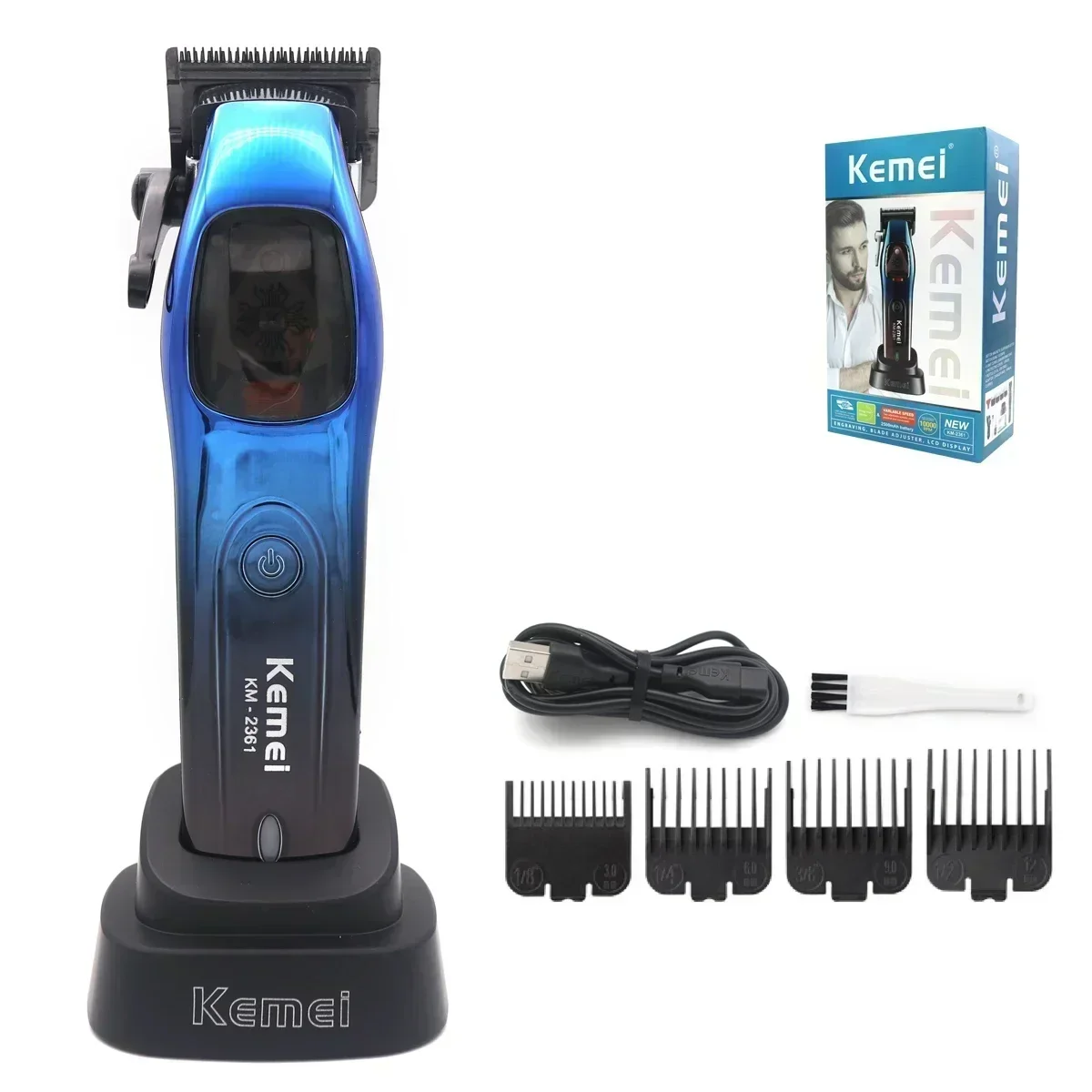 Kemei 2361 10000 tr/min tondeuse à cheveux professionnelle pour hommes moteur magnétique lame DLC avec chargeur de Base tondeuse à cheveux Machine de coupe de cheveux: GRIS