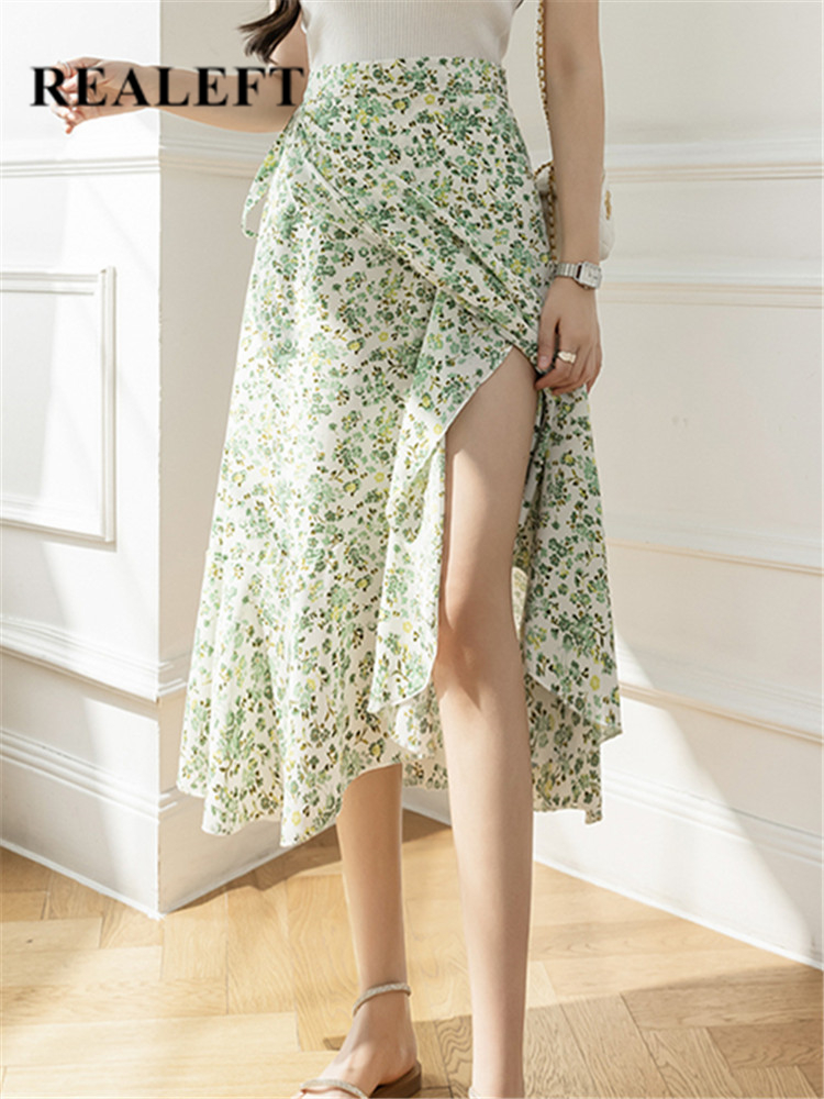 REALEFT nuevas faldas acampanadas con estampado de flores bohemias 2024 verano primavera cintura alta Vintage faldas de una pieza de longitud media para mujer