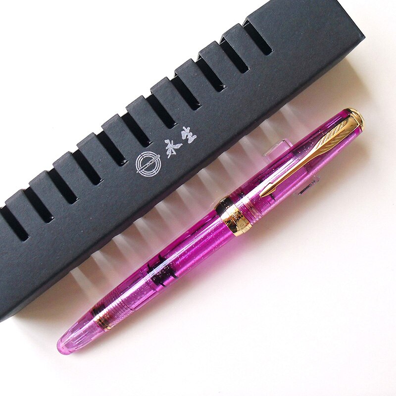 Wing Sung 618 Classic Fountain Pen Piston Transparent Authentic Iridium Fine 0.5mm Outstanding Ink Pen Writing Set: Purple-Golden Clip