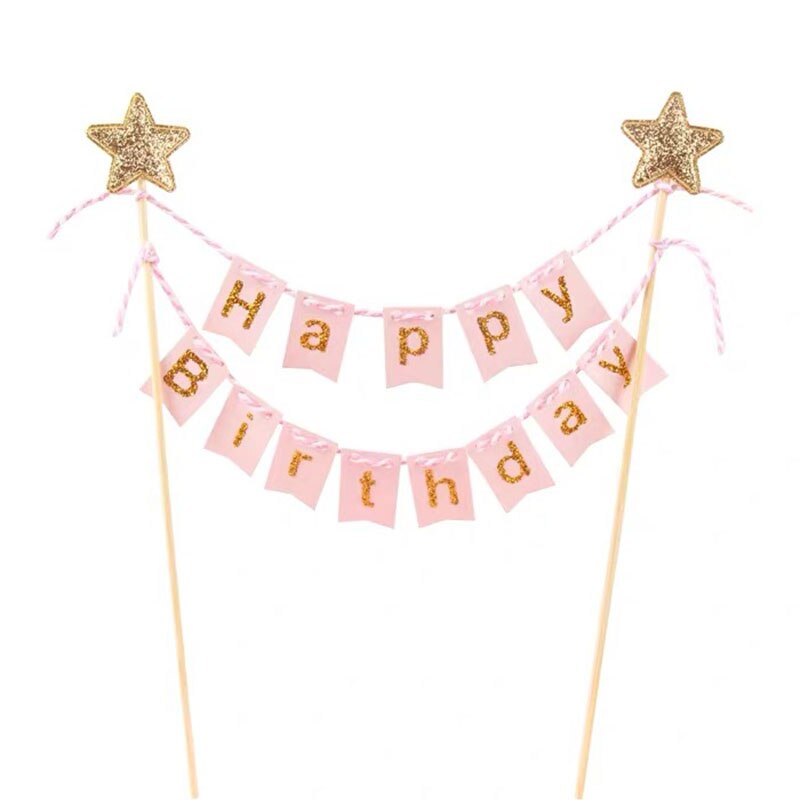 Topper para tarta de feliz cumpleaños Banner guirnalda de banderines banderas de decoración de pastel de para niños chicos niños niñas suministros: Pink