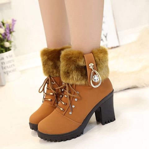2018Hot Women Boots Ankle Boots For Women High Heel Boots Winter Female Shoes Hoof Heel Warm Size 35-41 Botas Mujer: Gold / 7