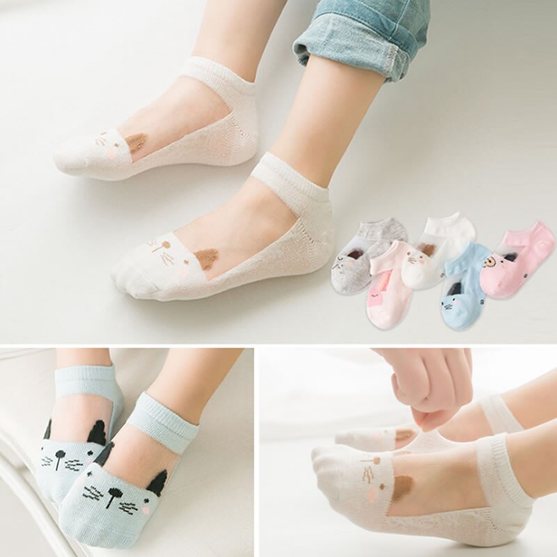 Calcetines de algodón de malla delgada de verano para niños, calcetines de seda de hielo para bebé, calcetines de barco de personajes de dibujos transpirables