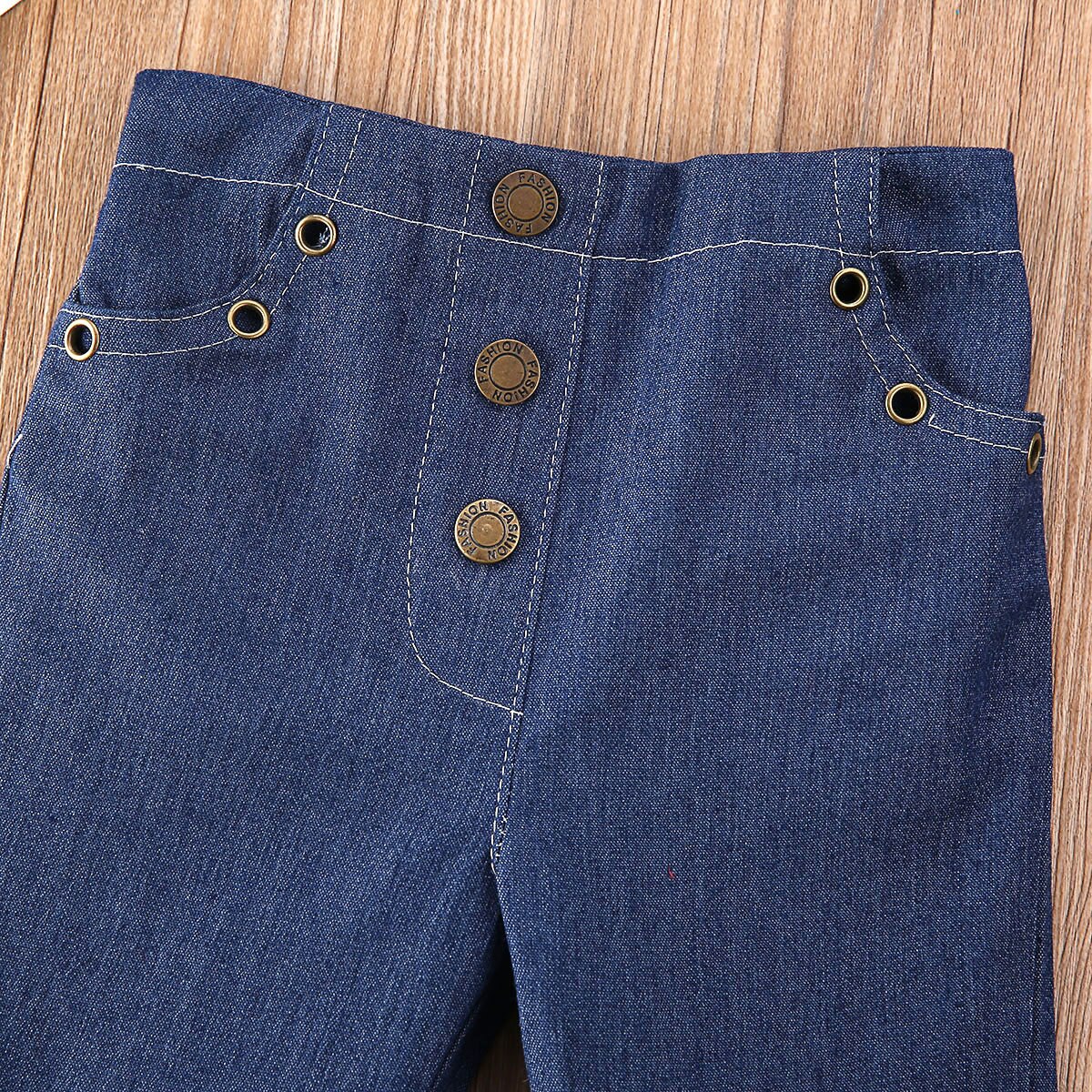 Tyttövauvat kellopohjahousut denim farkut housut lasten tytön napit levenevät housut tyttöjen talvivaatteet 1-6y