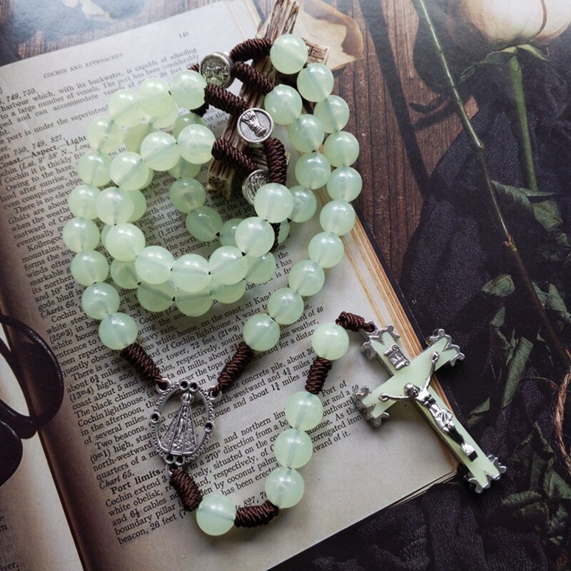 10mm Rosary Beads Luminous Necklace Jesus Crucifix Cross Pendant Necklaces Glow in Dark Religious Jewelry for Men Women