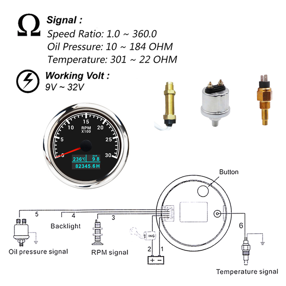 3 in 1 Tachometer Gauge 8000/ 6000/ 4000 RPM 85mm Waterproof Tacho Meter LED Water Temp Oil Pressure Hour Meter For Boat Car