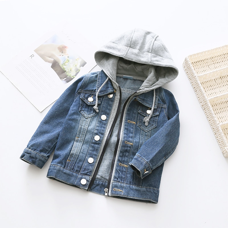 Baby Jeans Jacke Mit Kapuze Art Kleidung Frühling Herbst Neue Kausale freundlicher Patchwork Outwear Kleinkind Demi Mäntel Für Jungen 2-10Jahr