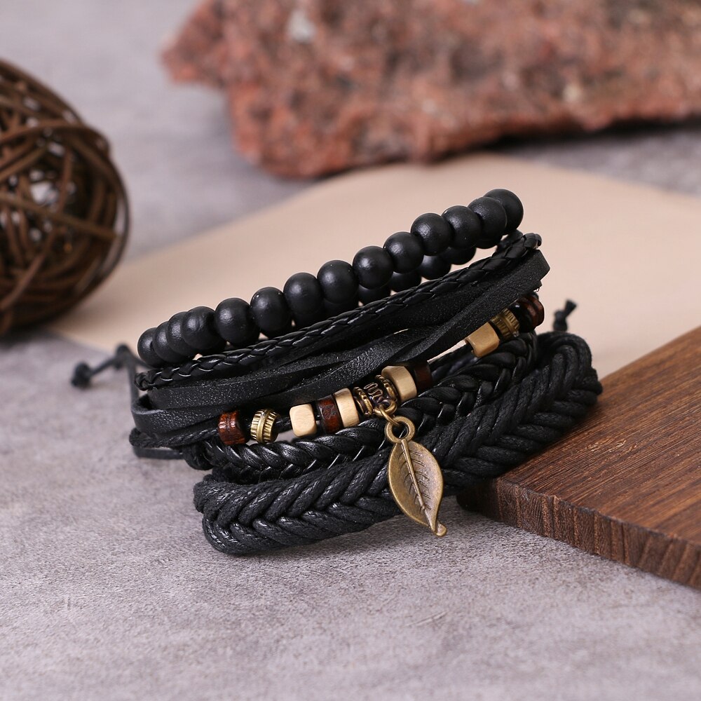 Ifmia Zwarte Mannen Armbanden Vintage Multilayer Leather Braid Armbanden Armbanden Leaf Handgemaakte Rope Wrap Armbanden Mannelijke Jewlery