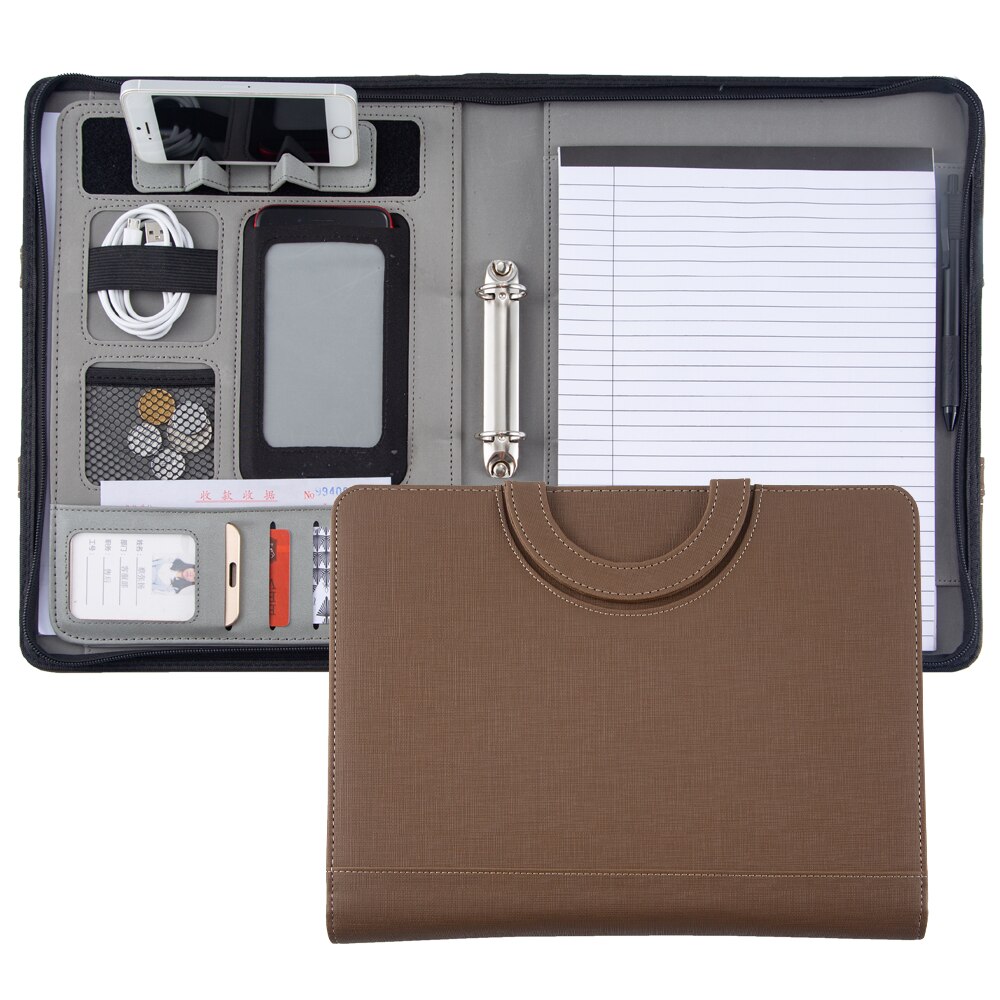 A4 Document Folder Organizer PU Leather Zipper Ring Binder Conference Bag Business Briefcase Padfolio Portfolio with Handle