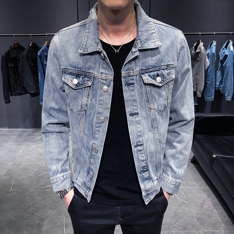 Denim Jacket Men Hole Retro Motorcyle Basic Coat Streetwear Hip Hop Bomber Jacket Cowboy Men's Jean Jacket Chaqueta Hombre