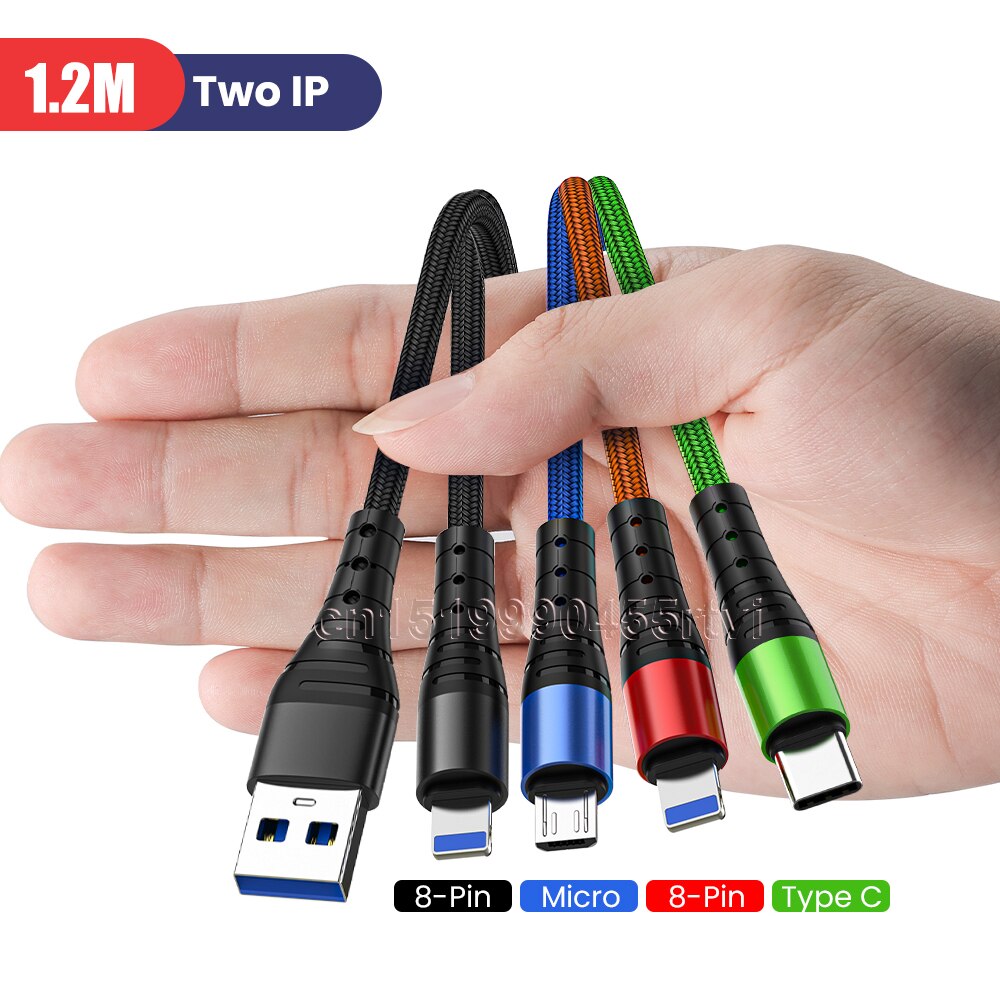 4 em 1 usb tipo c cabo de carregamento para iphone 13 12 11 pro 3in1 2in1 usb cabo de carregamento micro cabo usb para huawei samsung 1.2m: Double iOS