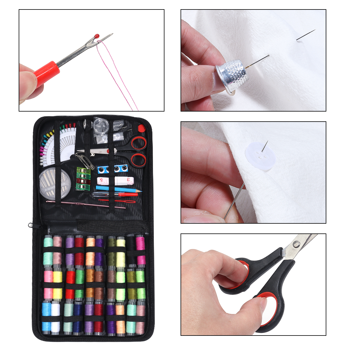 Kit de costura completo con hilos, agujas, tijeras, cinta métrica, botones, portátil, viaje, DIY, bordado, trabajo hecho a mano, conjunto de herramientas de costura