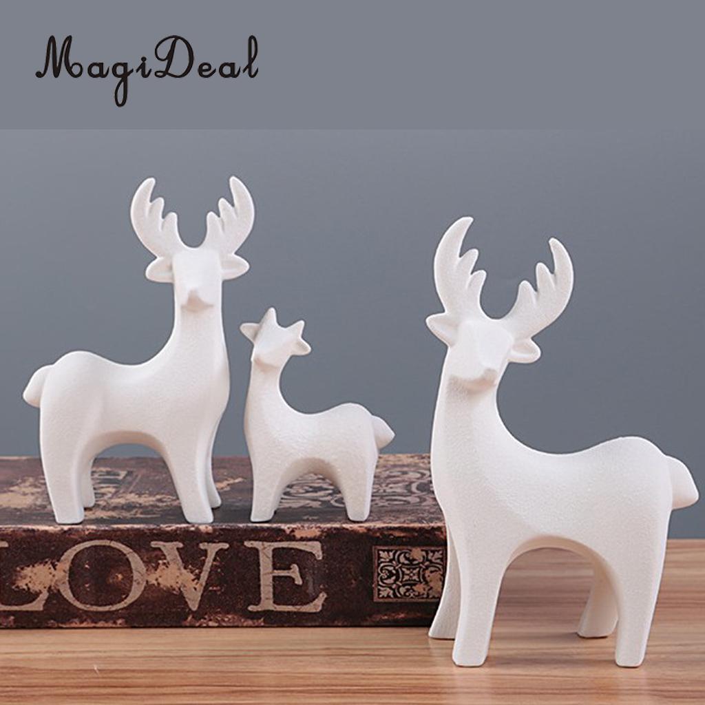 MagiDeal White Ceramic Deer Reindeer Set Figurines Statue Ornament Handcraft Art Collection for Home Decor Christmas