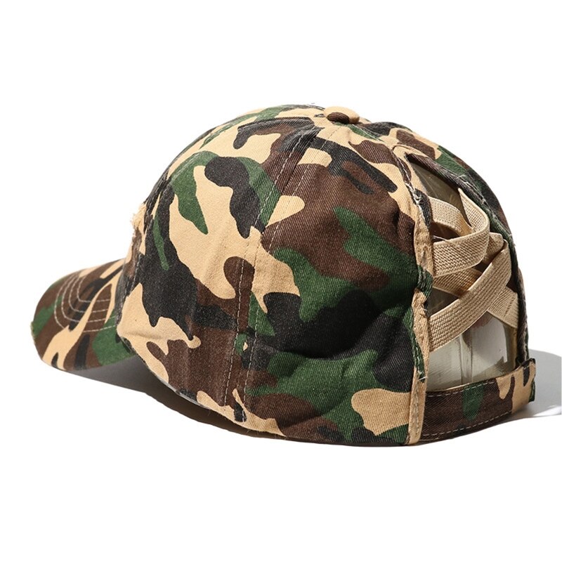 Casquette de Baseball délavée et déchirée pour femmes, motif camouflage léopard, motif croisé, queue de cheval, haut chignon en désordre, protection solaire, chapeau de camionneur