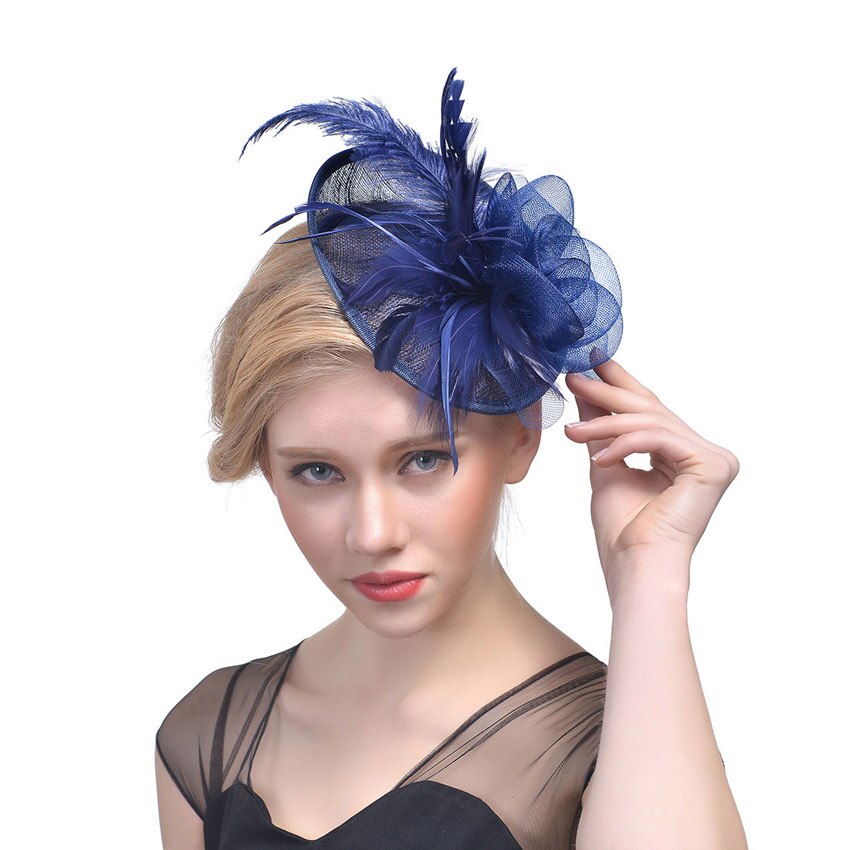 WELROG – chapeau tendance pour femme, chapeau, plume, gaze, maille solide, épingle à cheveux, pour fête, mariage, ruban: Navy