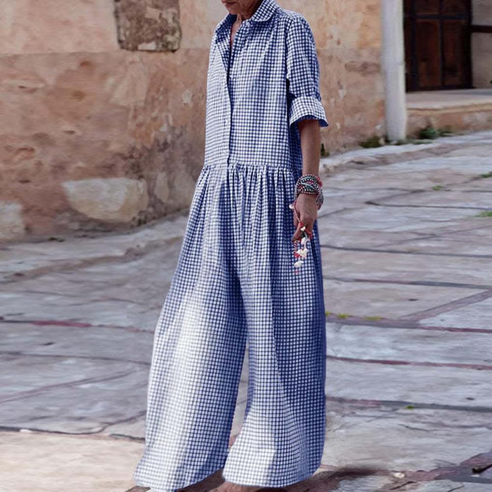 Zachte Jumpsuit Stijlvolle Ruitjesprint Dames Jumpsuit Met Lange Mouwen Wijde Pijpen Casual Losse Pasvorm Voor Een Modieuze Look Elastisch