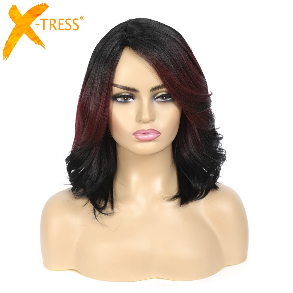 Brown Color Synthetic Hair Wigs With Bangs Side Part X-TRESS High Temperature Fiber Glueless Hairpiece Straight Women Short Wig