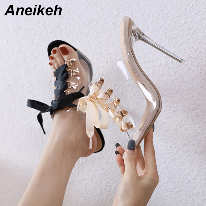 Aneikeh pvc dametøfler gennemsigtige rund tå sko slides snørebånd slip-on tynde hæle sorte abrikos pu str. 35-42