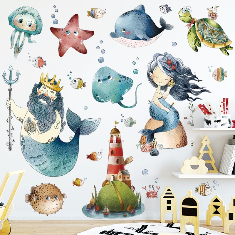 Cartoon Mermaid Muurstickers Kid&#39;s Slaapkamer Badkamer Marine Dieren Creatieve Stickers Muurstickers Waterdichte Posters Films