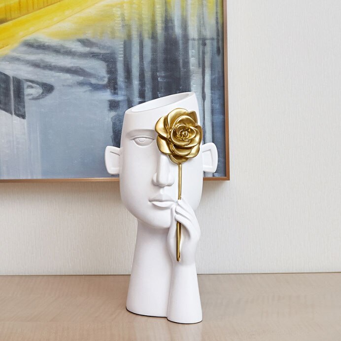 Ermakova minimalistisk portræt vaser harpiks skulptur sort menneskehoved vase gryde kontorbord blomsterarrangement boligindretning.: Hvid