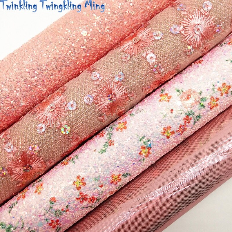 Cuir rose à grosses paillettes, tissu à paillettes imprimé fleurs, tissu Net pour nœud A4 21x29CM scintillant Ming KM143