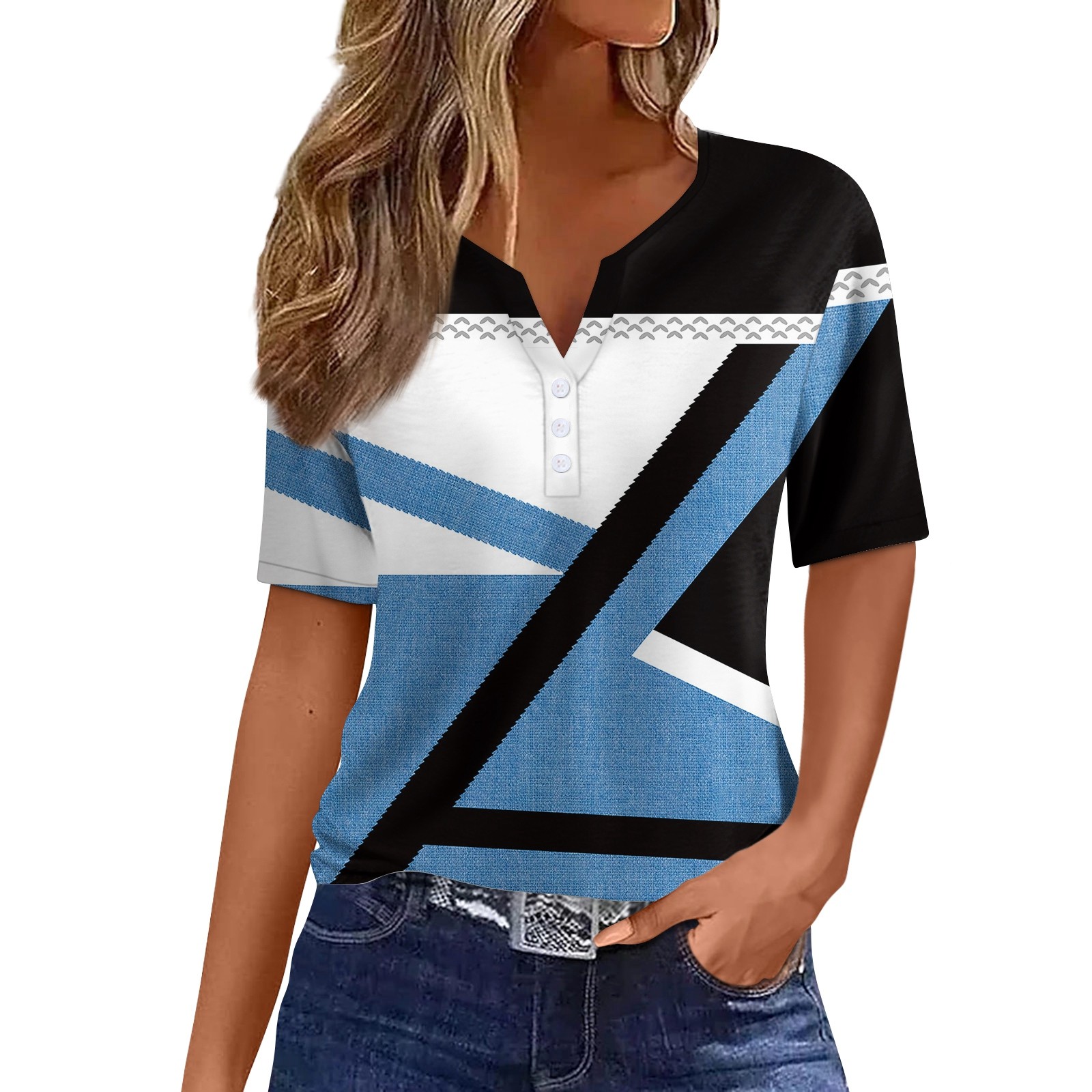 T-shirt à col en V pour femmes, haut décontracté, imprimé rayé, streetwear, t-shirts pour femmes, vêtements d'été,