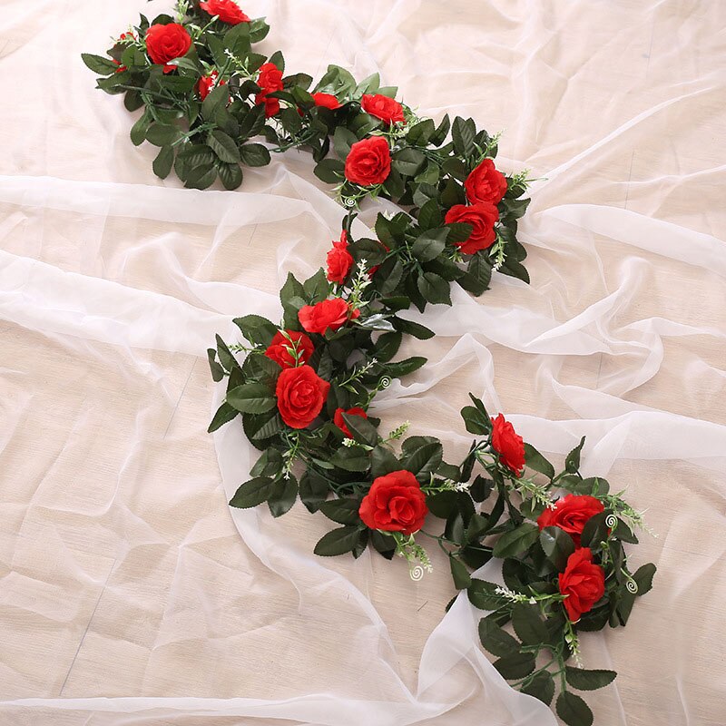 Artificial Flower Vine Rose 11 Flowers Natural Garland for Wedding Garden Decor B99: Red