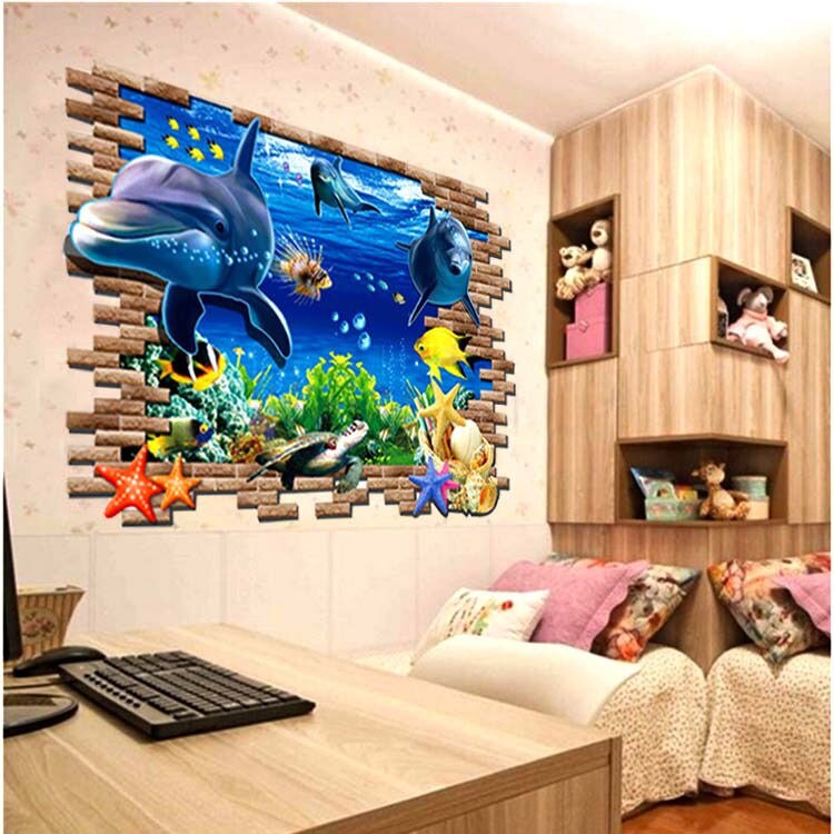 Pegatina de vinilo extraíble 3D de delfines del océano para pared, decoración del hogar de guardería para niños,