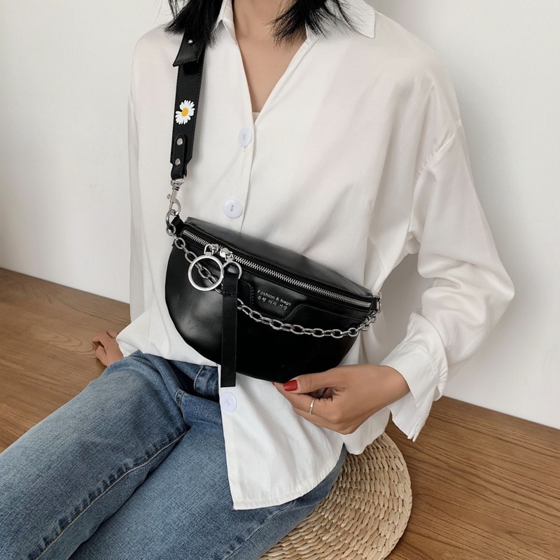 Women's Belt Bag Little Daisy PU Leather Chain Sum Per Band Fanny Pack Bananka Satchel Belly Band Waist Bag