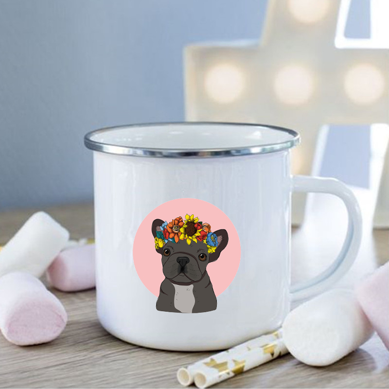 Taza de esmalte con estampado de Bulldog Francés, tazas creativas de café, bebidas, postres, desayuno, leche, tazas Vintage con asa, los mejores: XH523-A015WH-8