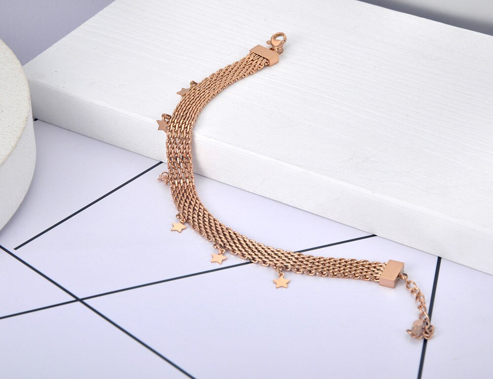 JeeMango Titanium Steel Rose Gold Chain & Link Network Bracelets Bangle Jewelry Bohemia Star Charm Bracelet For Women JB20056