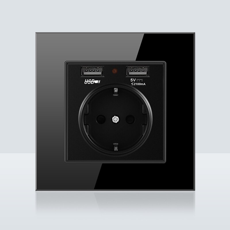 Dual USB Charging Port 16A Wall EU Russia Socket Power Outlet Glass Panel PC Panel Black Color