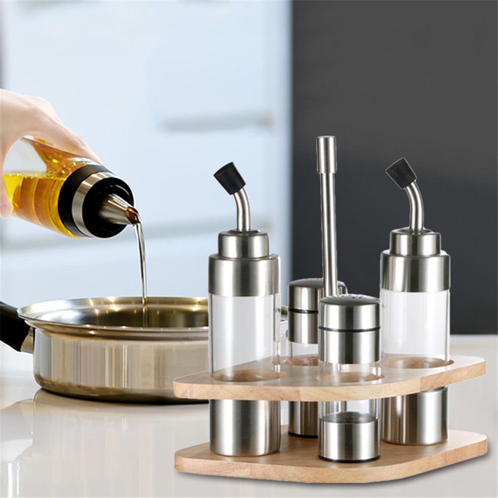 Kitchen Seasoning Bottle Set with Wooden Rack Translucent Pepper Bottle Holder Tools for Oil Salt Vinegar Soy Sauce Storage