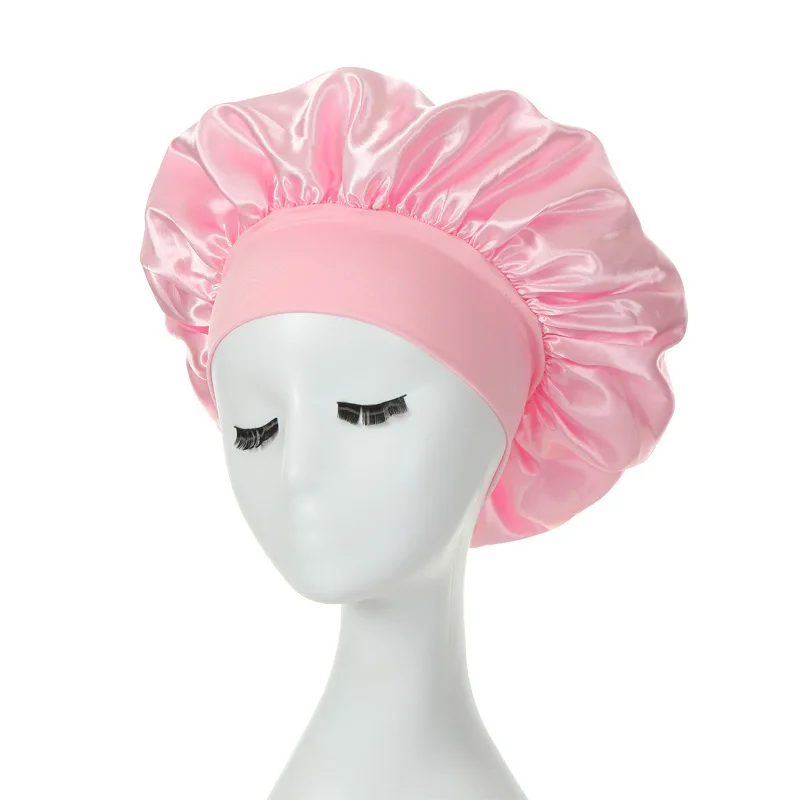 Women's Satin Solid Wide-brimmed Sleeping Hat Night Sleep Cap Hair Care Bonnet Nightcap For Women Men Unisex Cap bonnet de nuit: Pink
