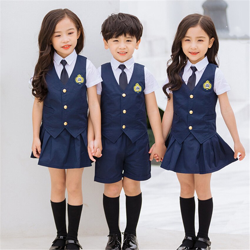 Children Navy Blue Cotton Japanese School Uniform for Girls Boys Pleated Student Korean Style Vest Shirts Pants Skirt Overalls