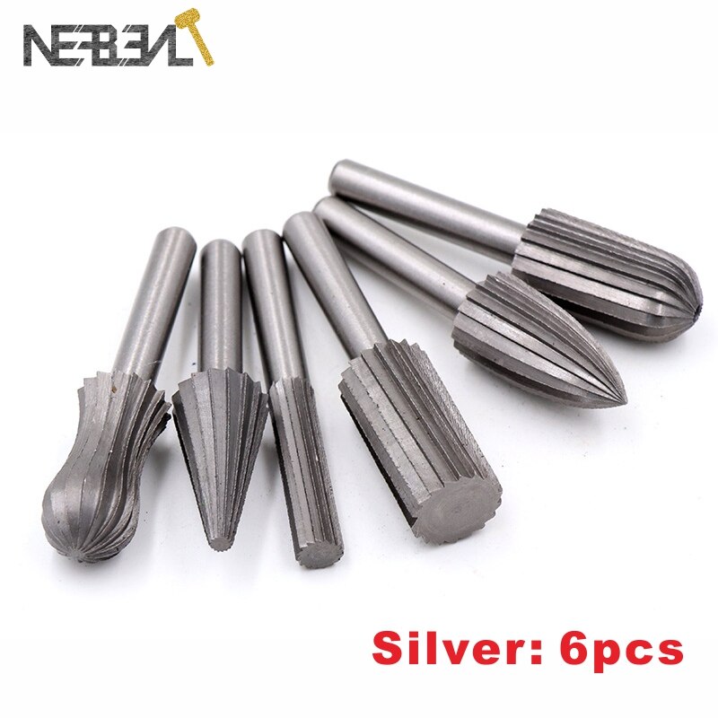 5/6pc Tungsten Carbide Milling Cutter Rotary Tool Burr Double Diamond Cut Rotary Dremel Tools Electric Grinding Metal Engraving: Silver 6pcs
