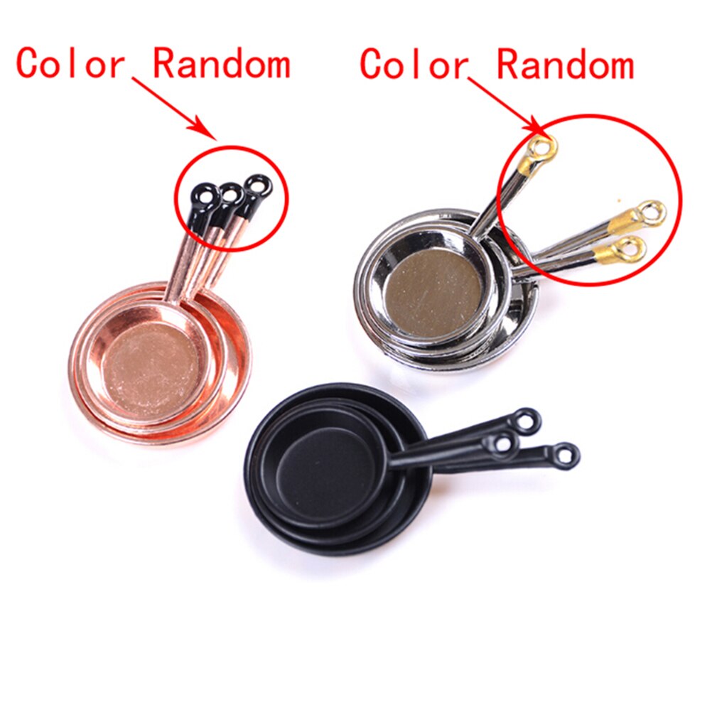 TOYZHIJIA 3pcs Metal Frypan Frying Pans Cooking Pot Cookware 1/12 Scale Doll House Miniature Kitchen toy Accessory