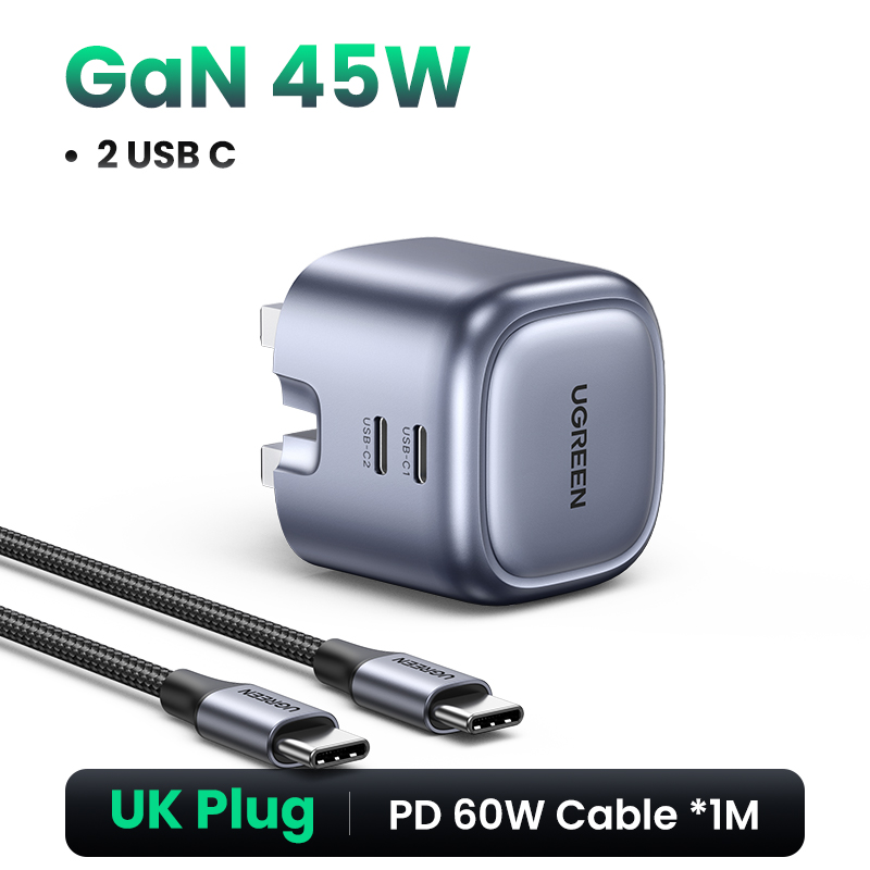 UGREEN-cargador USB con enchufe de EE. UU., Cargador rápido de 45W GaN, PD QC 3,0, USB C, cargador rápido para iPhone 14 13, cargador portátil de viaje: IT