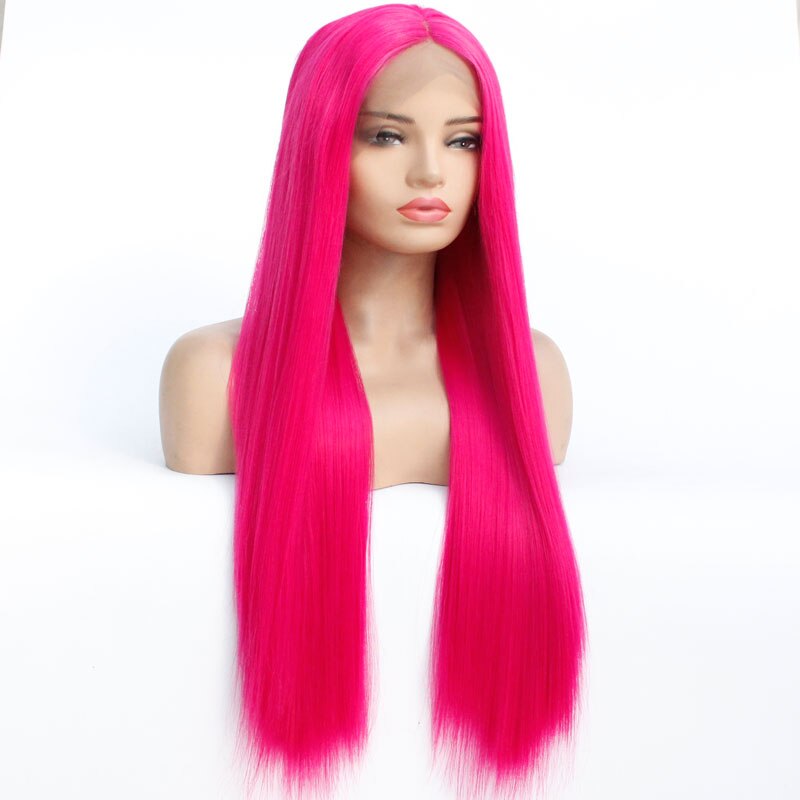 Rose Pink Synthetic Lace Front Wig Silky Straight Hand Tied Heat Resistant Fiber Free Part Natural Hairline Hair For Women Girls