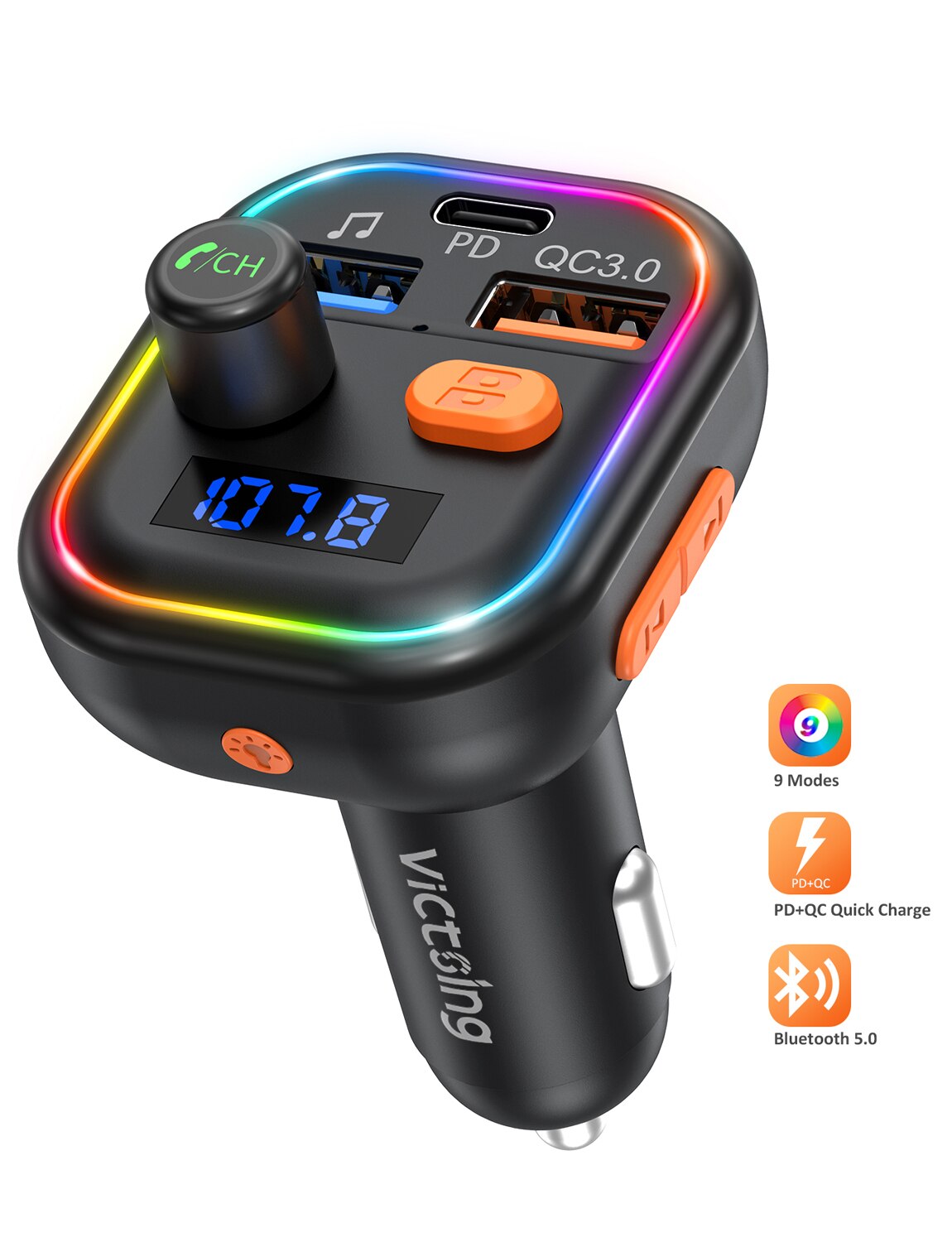 Victsing Bluetooth 5.0 Fm-zender Voor Auto Met Diepe Bas Audio Adapter Ontvanger &amp; 9 Backlight Modi MP3 Zender Auto kits: Default Title
