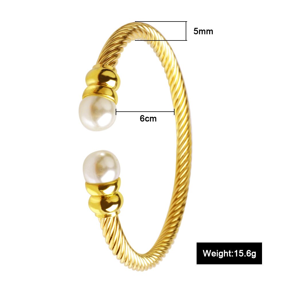 FINE4U B055 Adjustable Pearl Cuff Bracelet Bangles For Women 316L Stainless Steel Twisted Cable Bracelets: Gold-5mm