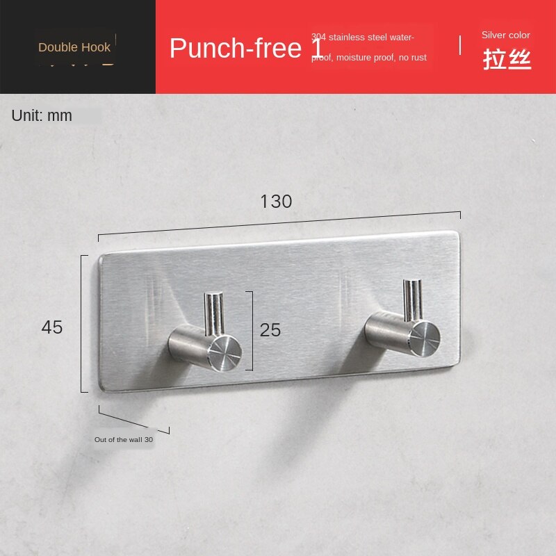 Rustproof SUB 304 Stainless Steel 3m Sticker Wall Mounted Hooks Rail Bathroom Kitchen Bar Wall Hook for Clothes Keys Towel WF: 2 hook