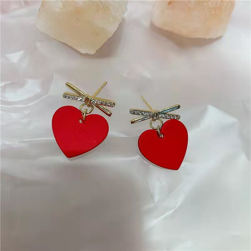 Pendientes de cristal con forma de bola para mujer y niña, aretes pequeños con forma de corazón y Bola de Color rojo geométrico, Circonia cúbica, zirconia, circonita, zirconita, , boda