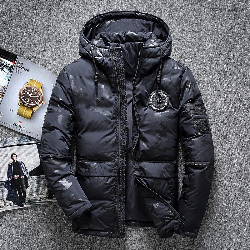 Vinter parkas jacka herr vit dun parkas vindjacka vattentät huva tjocka varma jackor överrock herr
