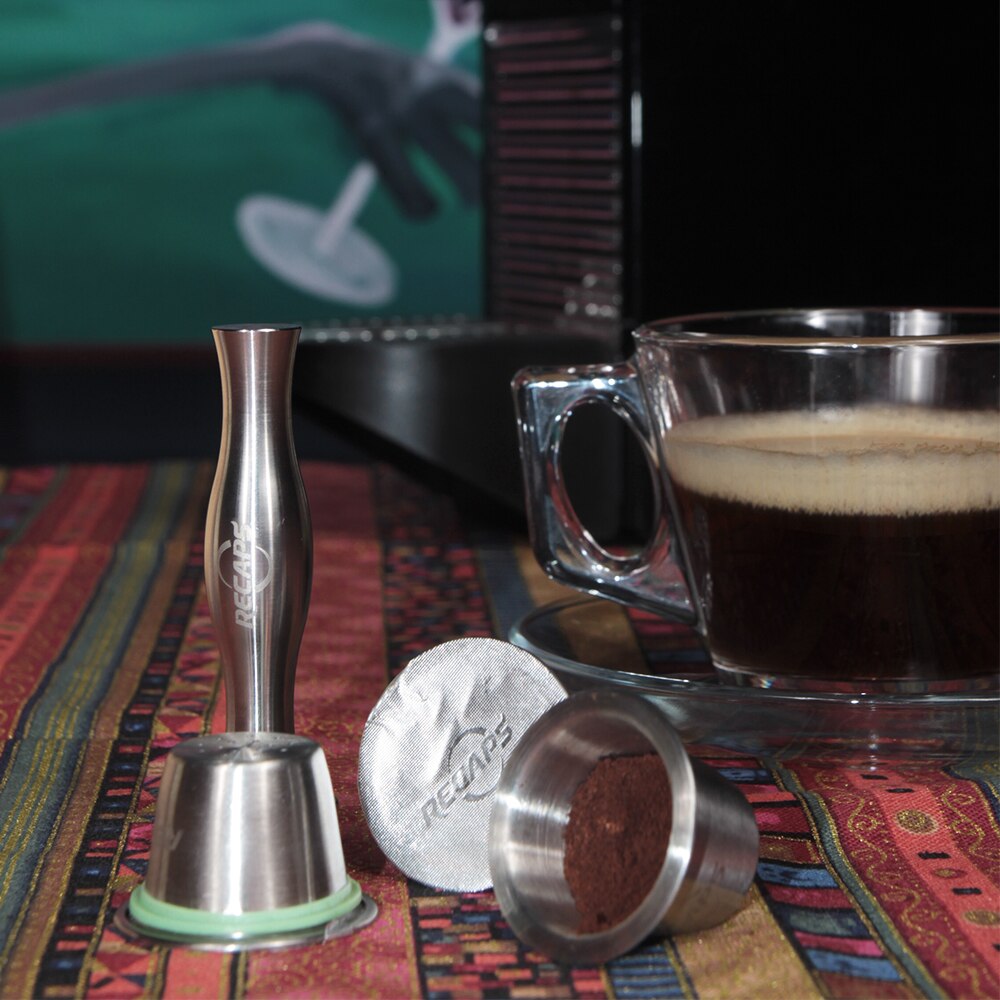 RECAPS Refillable Reusable Stainless Steel Refill Coffee Capsulas for Nespresso Machines Maker 1 Pod + 60 Seals