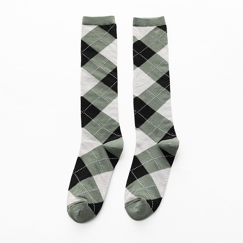 Dreamlikelin Autumn Winter Harajuku Girls Cotton Socks Female Uniform Argyle Socks Wing Rhombus Kawaii High Tube Knee Socks: StyleB Green