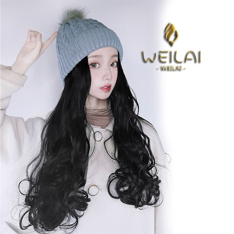 Peluca WEILAI de mujer de pelo largo de otoño e invierno coreano más terciopelo acolchado de punto de felpa Peluca de sombrero una mujer de pelo largo rizado ondas