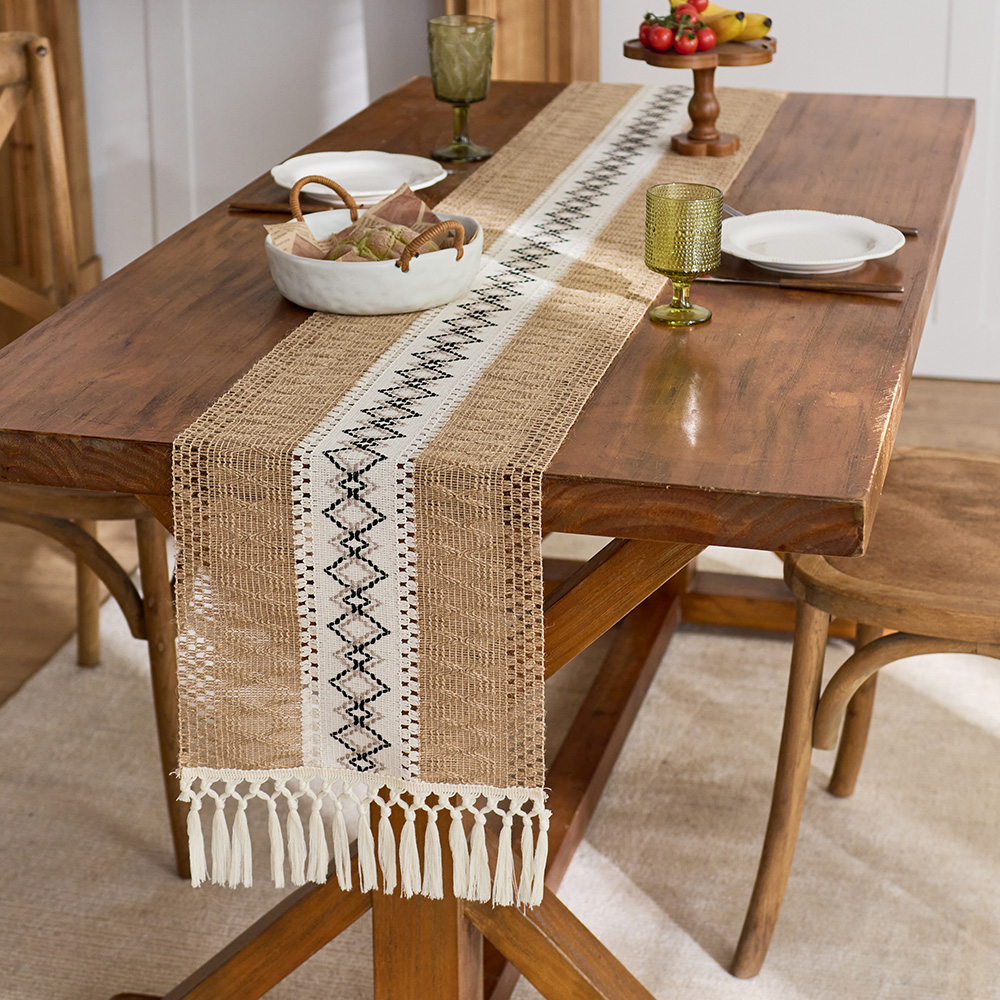 1pc Boho Table Runner for Home Decor with Tassels Long Farmhouse Rustic Brown Macrame Burlap Table Decoration for Living R