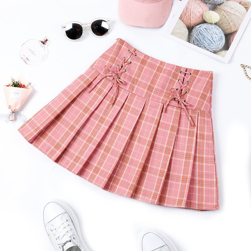 High Waist Pleated Skirt For Tennis Badminton Sport Strap With Inner Shorts Plaid Mini Training Skirt Cheerleading Uniform: Pink / XL